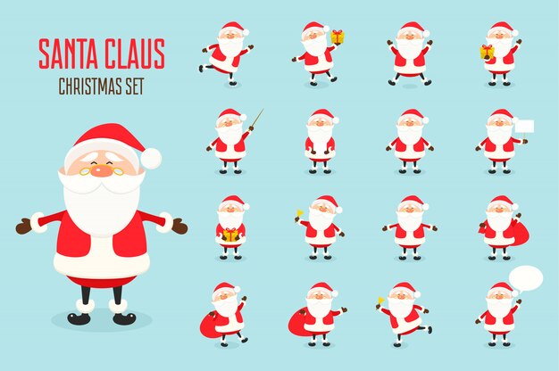 Lindo icono de Santa Claus en estilo plano, colección de Navidad, personaje de Navidad en diferentes poses. Santa divertido con diferentes emociones.