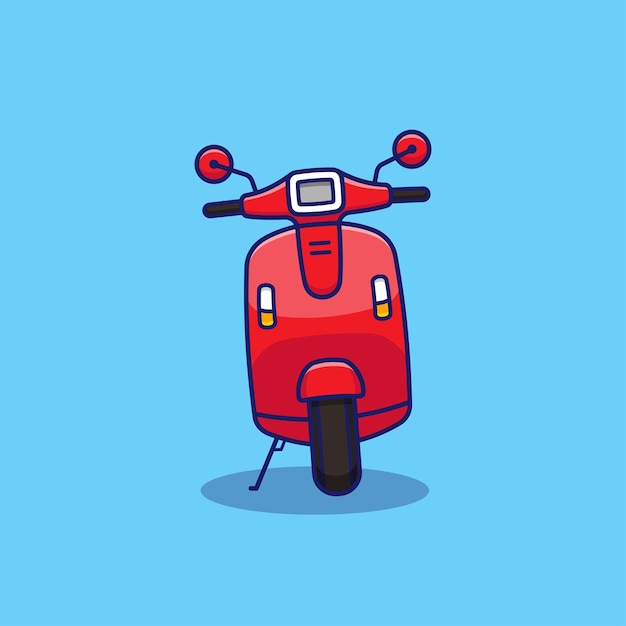 Lindo icono de scooter rojo de dibujos animados sobre fondo azul.