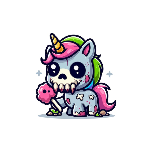 Lindo icono vectorial de dibujos animados de unicornio zombi ilustración de animal concepto de icono de naturaleza aislado estilo de dibuios animados plano vectorial premium