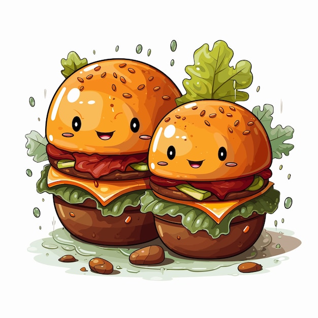 lindo ilustrador de doble patty burger sonriendo estilo anime kawaii
