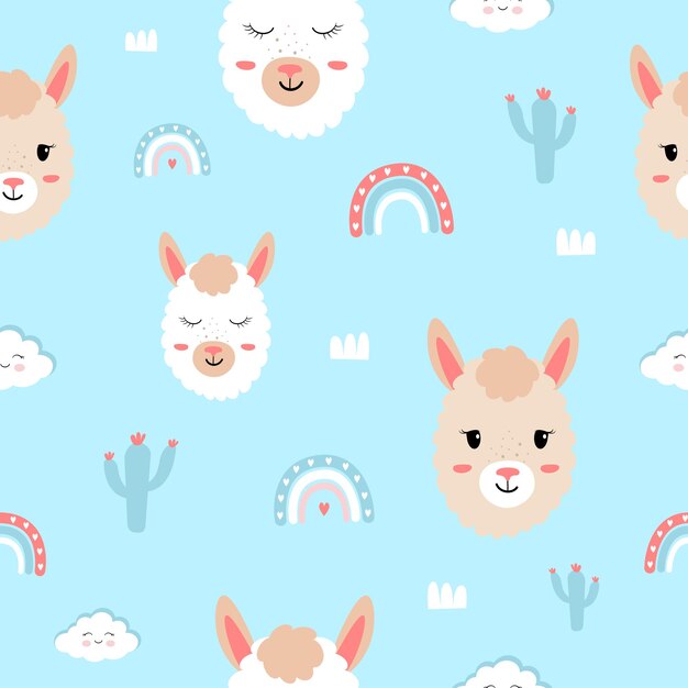 Lindo infantil de patrones sin fisuras llama cactus arco iris y nube Vector animales para ropa de niños