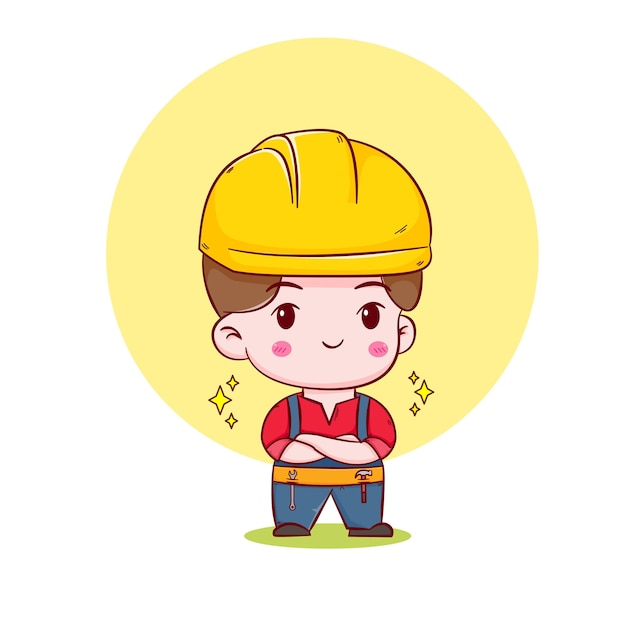 Lindo ingeniero trabajador de la construcción concepto dibujado a mano personaje de dibujos animados
