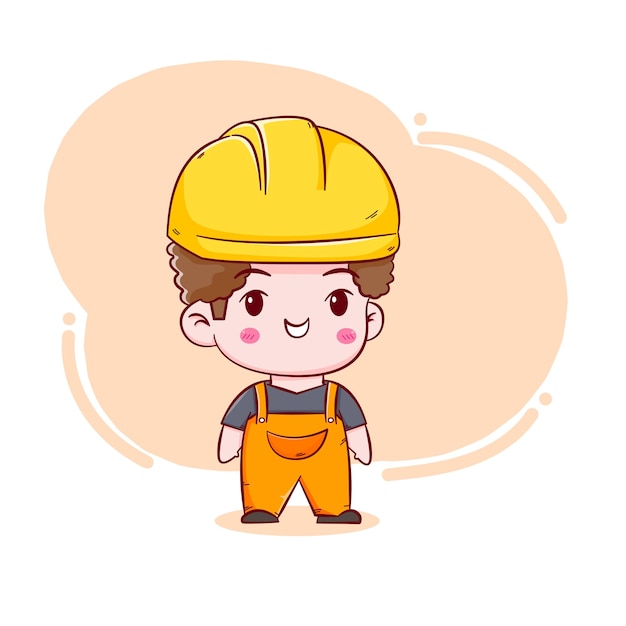 Lindo ingeniero trabajador de la construcción concepto dibujado a mano personaje de dibujos animados