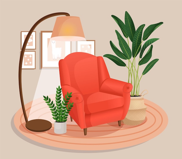 Vector lindo interior con muebles modernos y plantas diseño de habitación acogedora con sillón suave