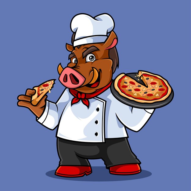 Lindo jabalí pizza chef vector mascota ilustración