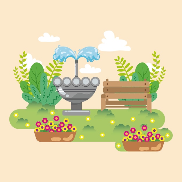 Lindo jardín del parque con fuente y flores ilustración vectorial