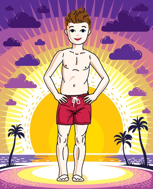 Lindo joven adolescente feliz posando con pantalones cortos de playa de moda. hermosa ilustración humana vectorial. clipart de estilo de vida infantil.