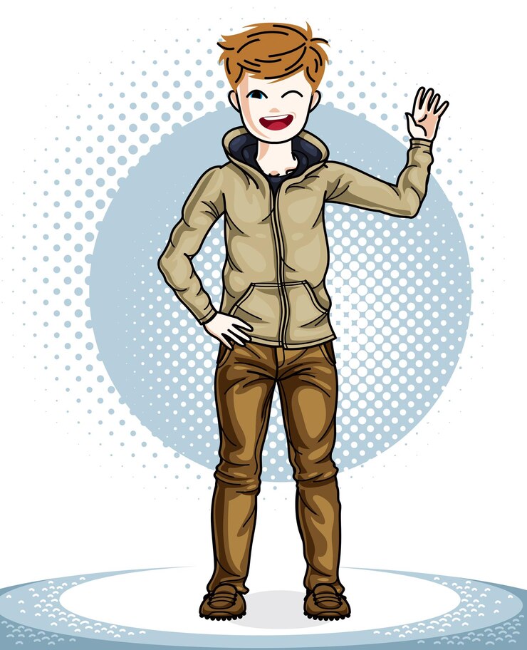 Vector lindo joven adolescente feliz posando con ropa casual de moda. ilustración de niño atractivo vectorial. imágenes prediseñadas de tema de moda.