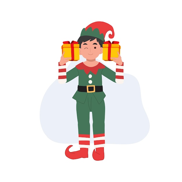 Lindo joven duende navideño con ilustración de vector de caja actual