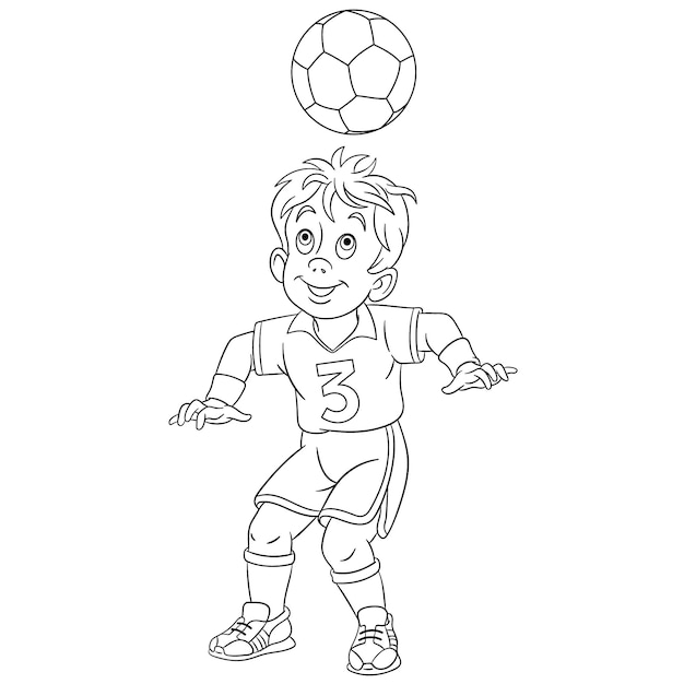 Lindo joven jugador de fútbol. Página del libro de colorear de dibujos animados para niños.