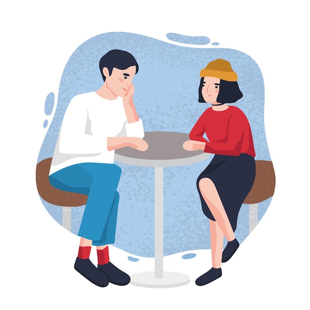 Lindo joven y mujer sentados en la mesa de café y mirando el uno al otro. Adorable pareja moderna en fecha en restaurante. Personajes de dibujos animados aislados en la mancha de fondo. Ilustración de vector plano.