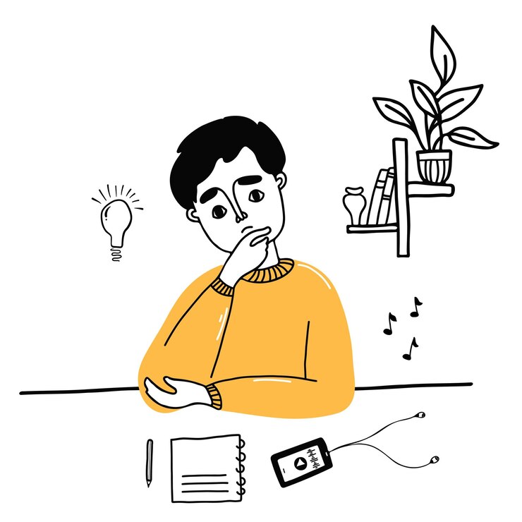 Vector lindo joven pensativo y escucha música de podcast desde el teléfono doodle podcast y hobby