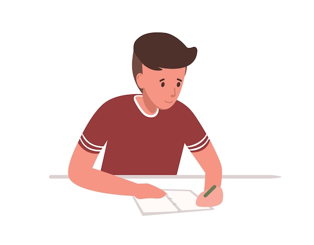 Vector lindo joven sentado en el escritorio y escribiendo la prueba escolar aislada sobre fondo blanco. estudiante preparándose para exámenes en la universidad o estudiando. ilustración de vector colorido en estilo de dibujos animados plana.