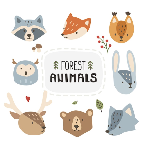 Lindo juego de cabezas de animales del bosque.