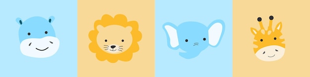Lindo juego de cabezas de animales de la jungla ilustraciones de dibujos animados de guardería retratos de animales bebés vectoriales en azul y