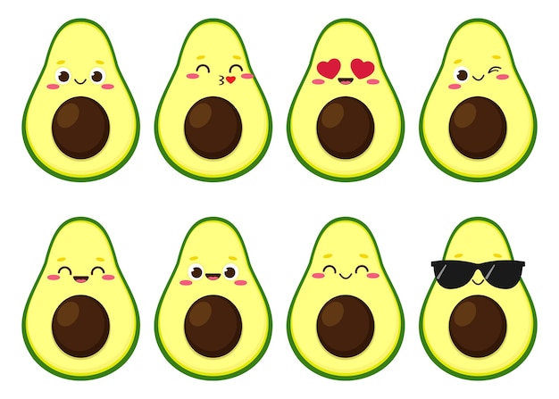 Lindo juego de caracteres de aguacate feliz comida de dibujos animados divertidos en estilo plano ilustración de vector de emoji de fruta