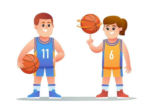 Vector lindo juego de caracteres de jugador de baloncesto de niño y niña