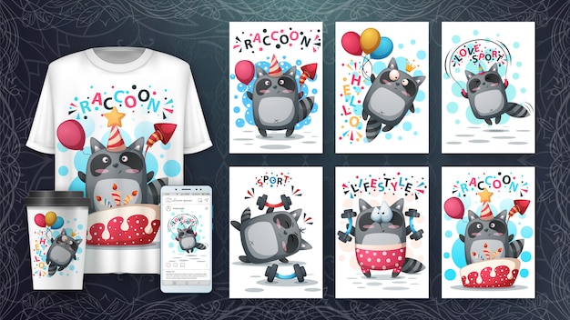 Vector lindo juego de cartas de mapache y merchandising