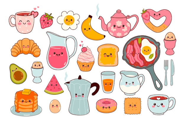 Lindo juego de comida kawaii para el desayuno Gráficos vectoriales