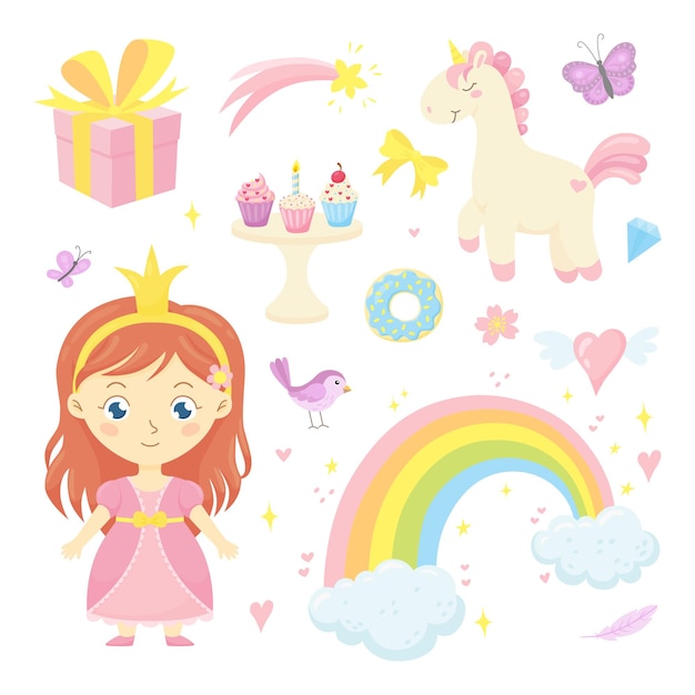 Lindo juego de cuento de hadas con regalo de magdalenas de arco iris de princesa unicornio y otros elementos mágicos