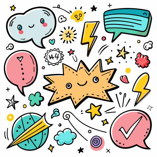 Un lindo juego de dibujos animados con burbujas de habla, estrellas y relámpagos.