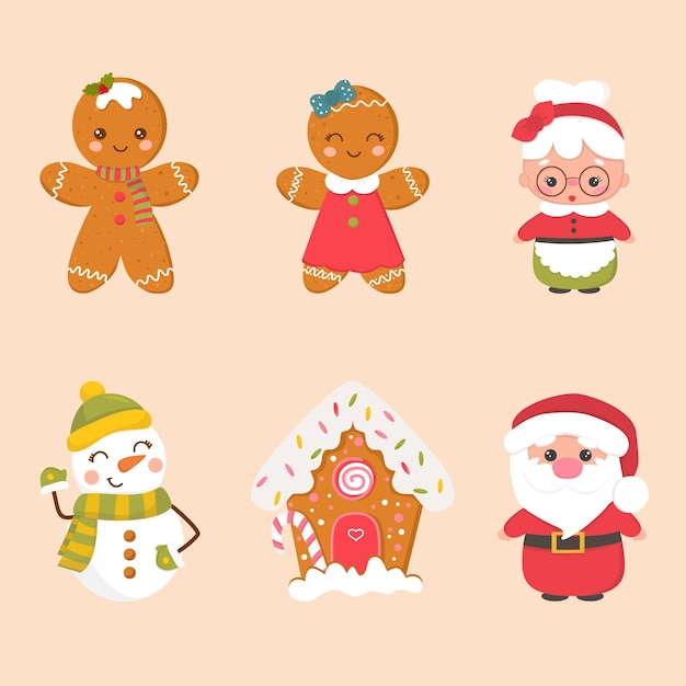 El lindo juego de galletas de jengibre de Navidad, el hombre de nieve de Papá Noel, la casa del hombre de nieves del pan de jengubre.