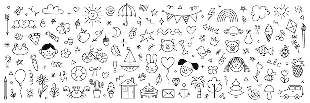 Lindo juego de garabatos dibujados a mano de elementos decorativos simples para niños Colección de flores de animales garabateados