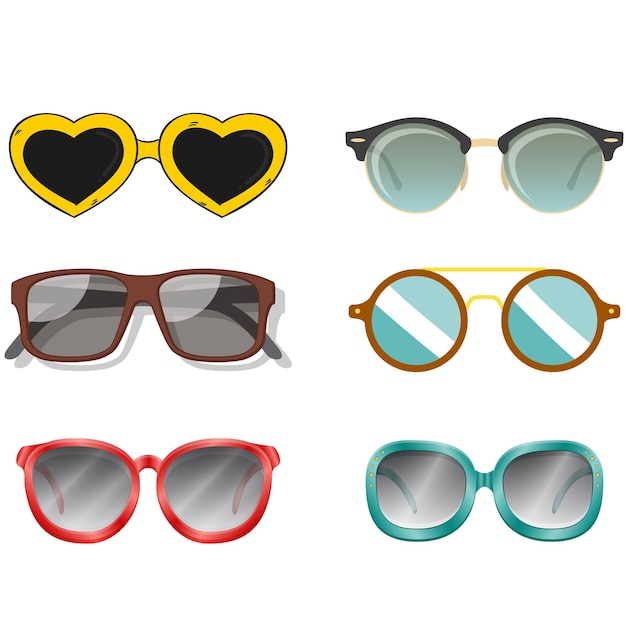 Un lindo juego grande de gafas de sol coloridas de diferentes formas y colores marco metálico de plástico modo dibujado a mano