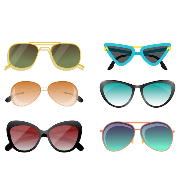Un lindo juego grande de gafas de sol coloridas de diferentes formas y colores marco metálico de plástico modo dibujado a mano