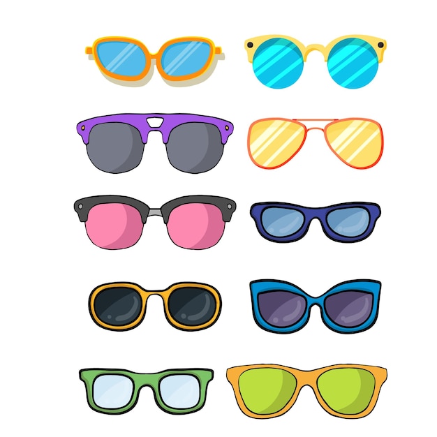 Un lindo juego grande de gafas de sol coloridas de diferentes formas y colores marco metálico de plástico modo dibujado a mano