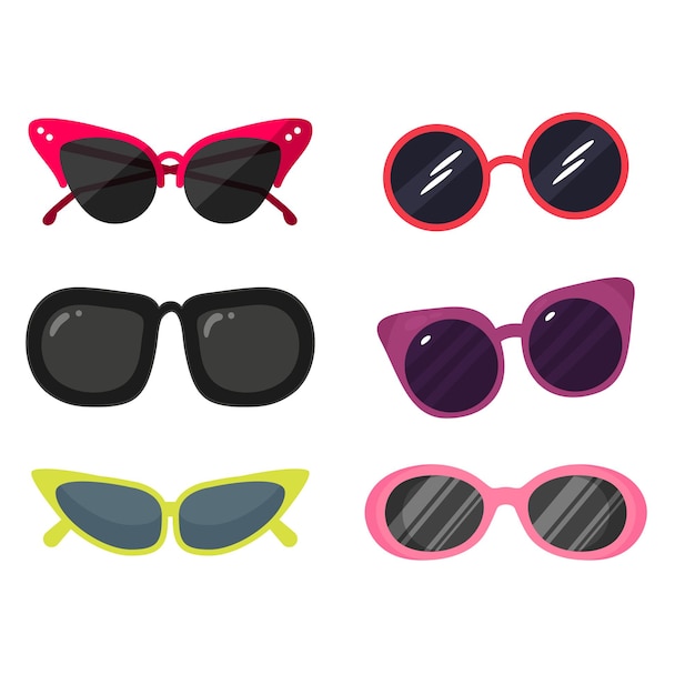 Un lindo juego grande de gafas de sol coloridas de diferentes formas y colores marco metálico de plástico modo dibujado a mano