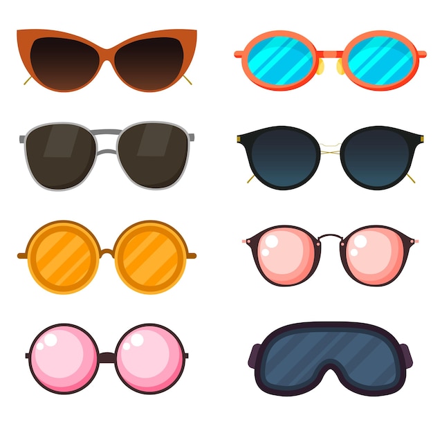 Un lindo juego grande de gafas de sol coloridas de diferentes formas y colores marco metálico de plástico modo dibujado a mano