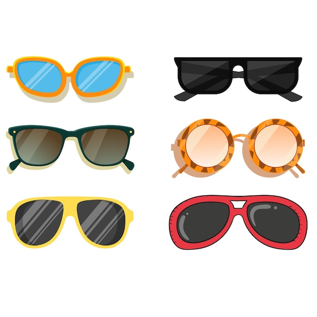 Un lindo juego grande de gafas de sol coloridas de diferentes formas y colores marco metálico de plástico modo dibujado a mano