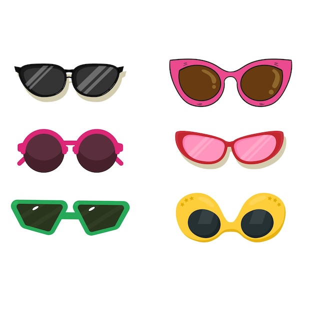 Un lindo juego grande de gafas de sol coloridas de diferentes formas y colores marco metálico de plástico modo dibujado a mano