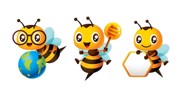 Vector lindo juego de mascotas de dibujos animados de abejas melíferas con cartel en blanco de goteo de miel e ilustración de globo