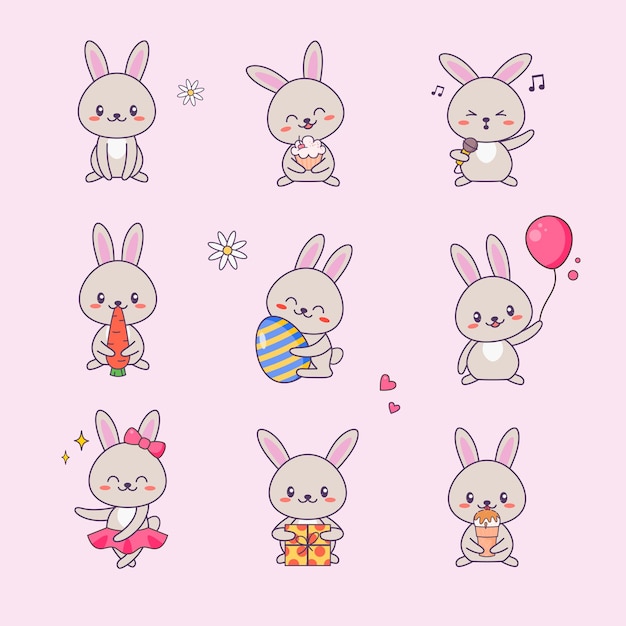 Vector lindo juego de pegatinas de personajes de bunny kawaii. conejo con cara de anime varios dibujos de emoji para doodle.