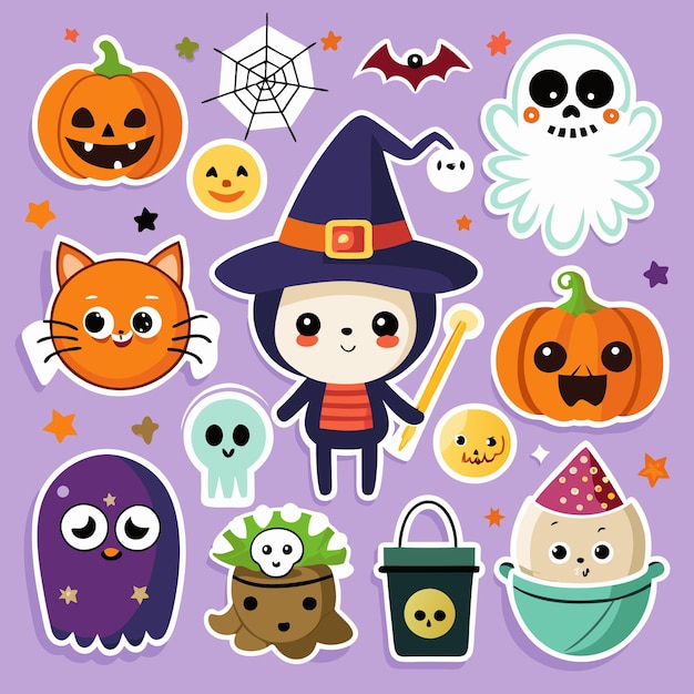 Lindo juego de pegatinas de personajes de Halloween con fantasmas y brujas de calabazas