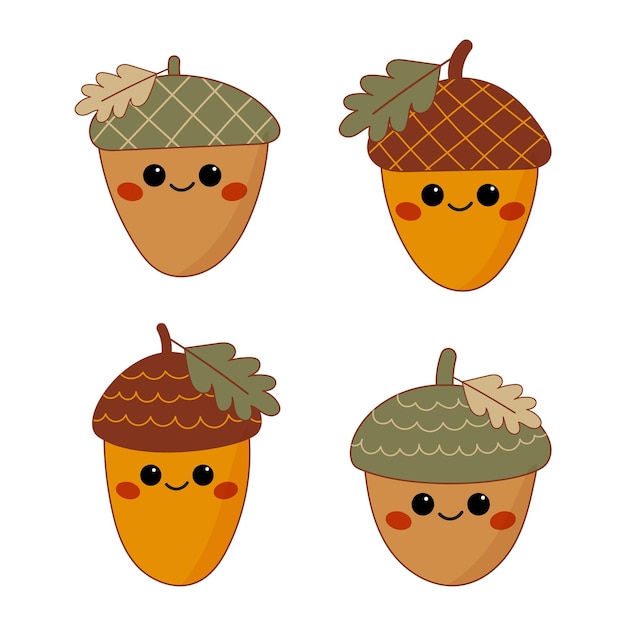 Lindo juego de personajes de bellota con hojas de otoño Tema de la naturaleza para niños Diseño de artesanías y decoraciones