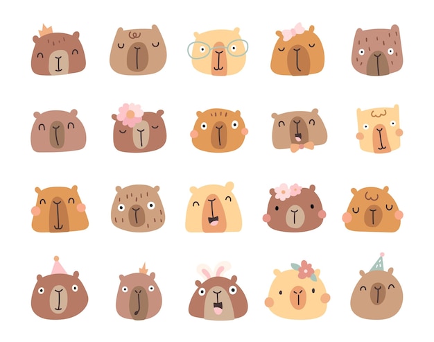 El lindo juego de personajes de capibara de estilo escandinavo