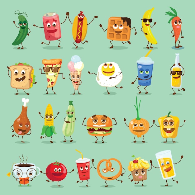 Lindo juego de personajes divertidos de comida y bebida, mejores amigos, divertido vector de menú de comida rápida ilustraciones. Uso de ilustración vectorial plana para página web, tarjeta, afiche, pancarta. Hamburguesa, comida china, burito