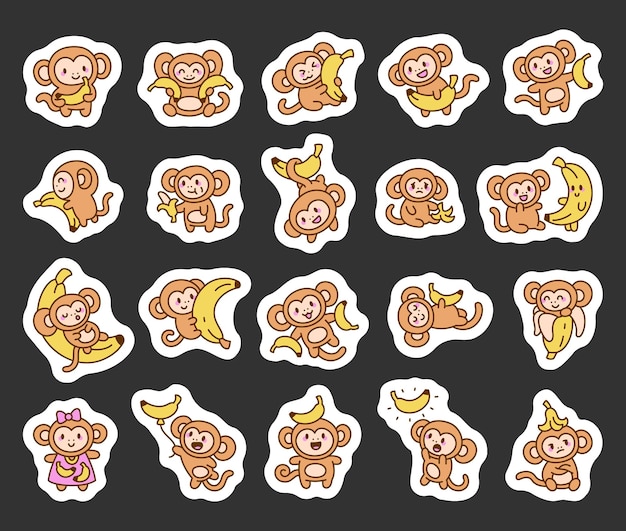 Un lindo juego de personajes de monos disfrutando de plátanos.