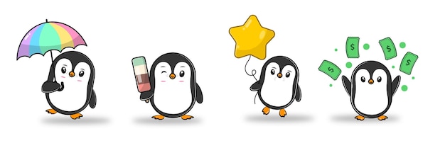 lindo juego de personajes de pingüinos con diferentes poses y llevando un objeto