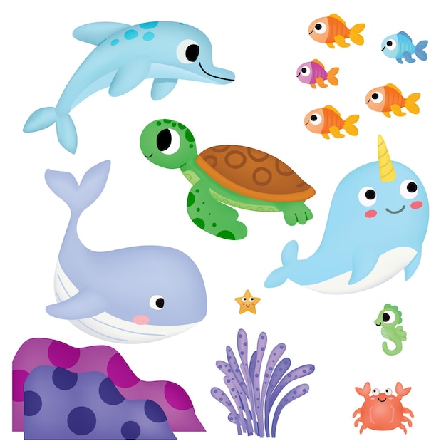 Vector lindo juego de personajes submarinos del mar para la decoración de bebés, niños y niños