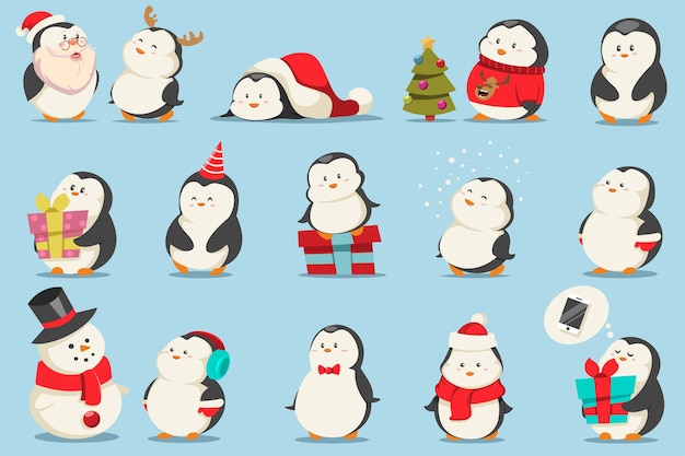 Lindo juego de pingüinos de navidad. personaje de dibujos animados de animales divertidos en disfraces y con regalos.