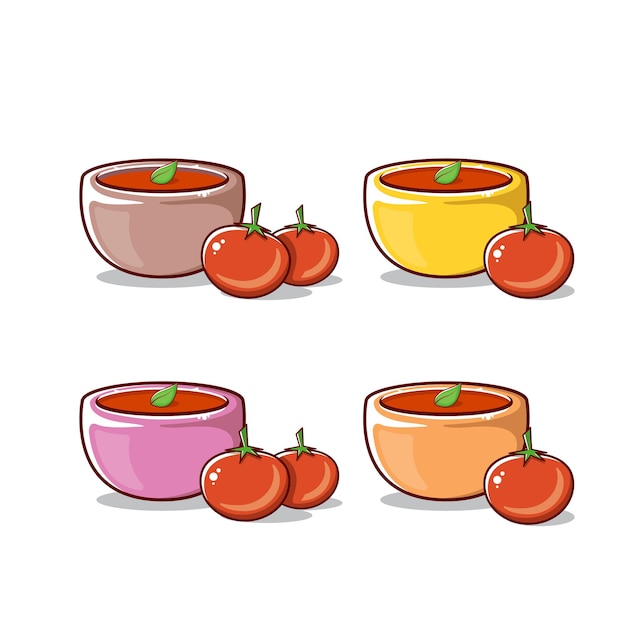 Vector lindo juego de sopa de tomate con tazón y tomate