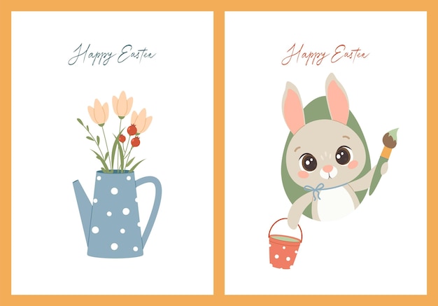 Vector lindo juego de tarjetas de pascua 2 colección de primavera de animales flores y decoraciones