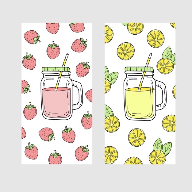 Lindo juego de tarjetas de verano brillante con bebidas de limón y fresa