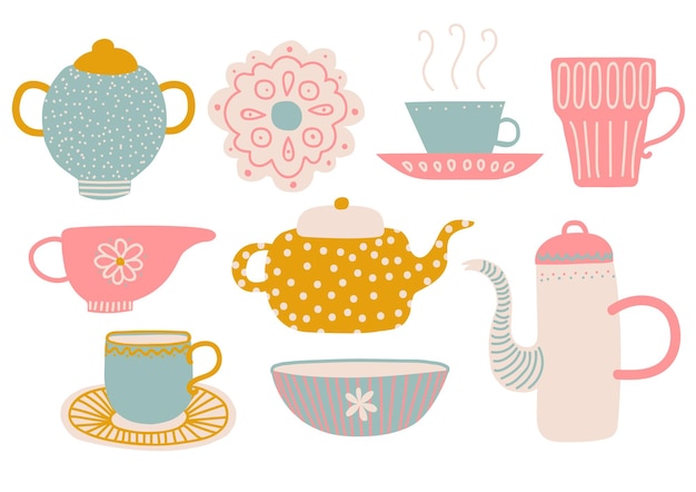 Lindo juego de té elementos de fiesta de té con tetera, taza de té, platillo, jarra, leche y servilleta, ilustración vectorial