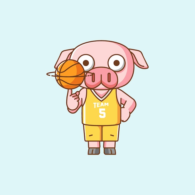 Lindo jugador de baloncesto cerdo jugar a la canasta kawaii chibi personaje mascota ilustración estilo de contorno