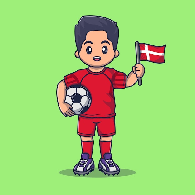 Lindo jugador de fútbol de dinamarca en kit con bandera de sujeción y ilustración de icono de vector de dibujos animados de bola.